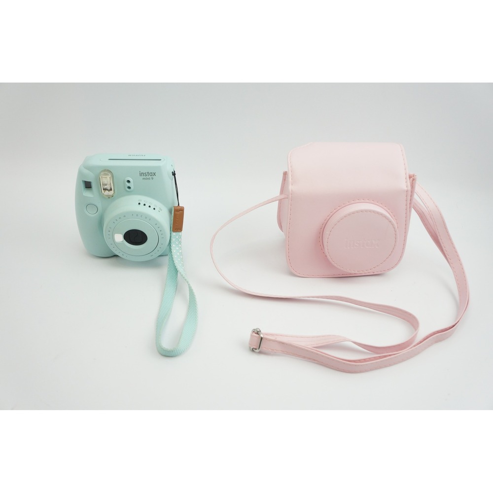Fujifilm Instax Mini 9 Camera Ice Blue with Pink Case Good Works w/8 Pics